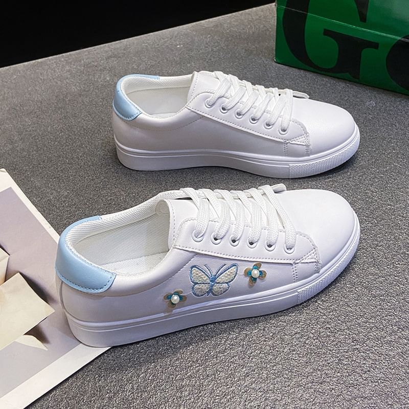 Platform Butterfly Embroidered Faux Pearl Accent Lace-Up Sneakers SpreePicky