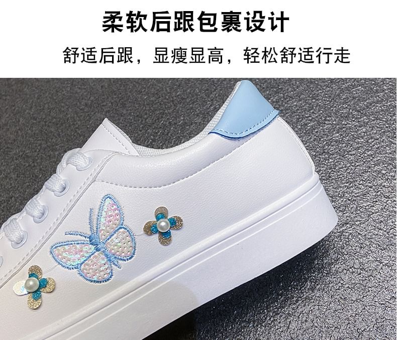 Platform Butterfly Embroidered Faux Pearl Accent Lace-Up Sneakers SpreePicky