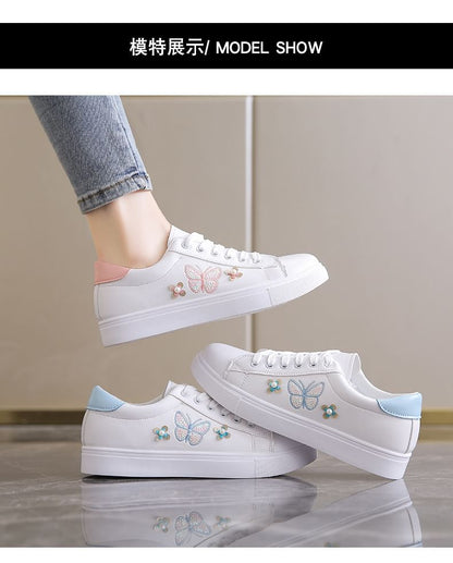 Platform Butterfly Embroidered Faux Pearl Accent Lace-Up Sneakers SpreePicky