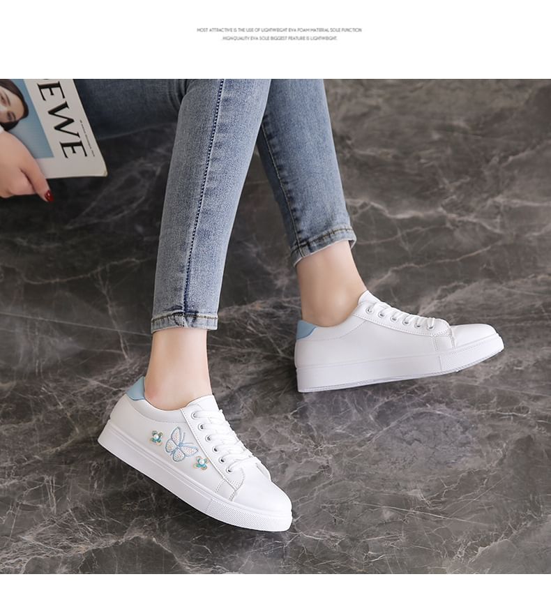 Platform Butterfly Embroidered Faux Pearl Accent Lace-Up Sneakers SpreePicky