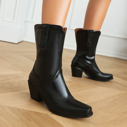 Panel Block Heel Mid Calf Boots SpreePicky