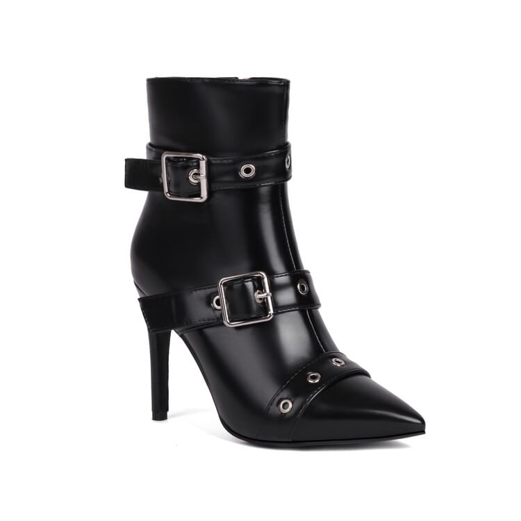 Pointed Toe Buckled High Heel Short Boots SpreePicky