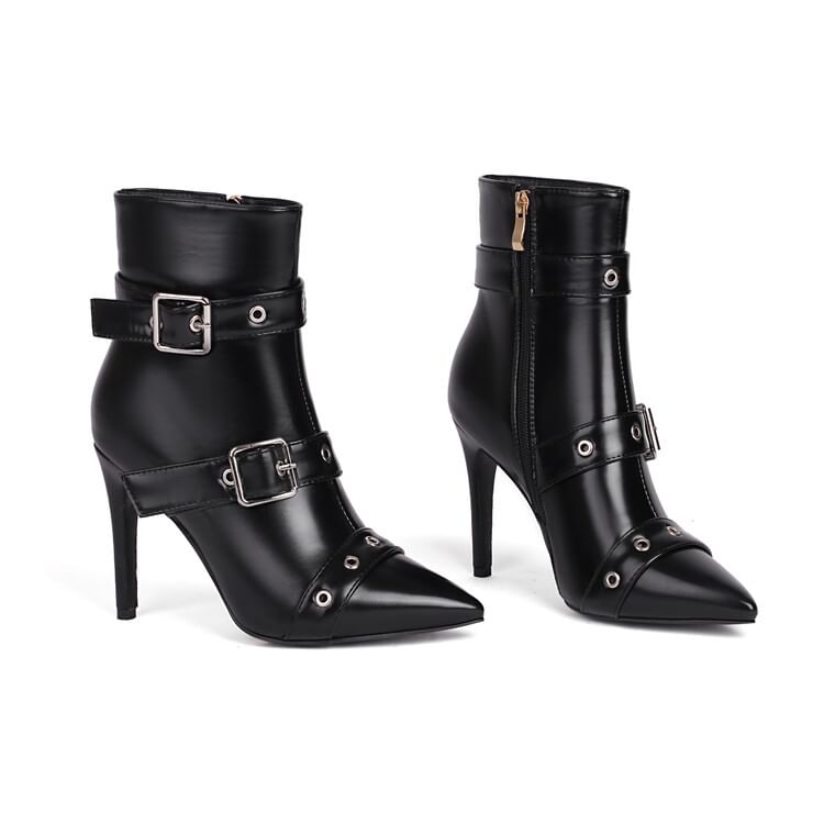 Pointed Toe Buckled High Heel Short Boots SpreePicky