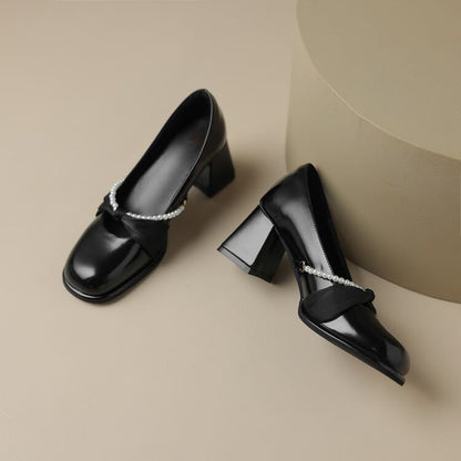 Faux Pearl Patent Leather Block Heel Pumps SpreePicky