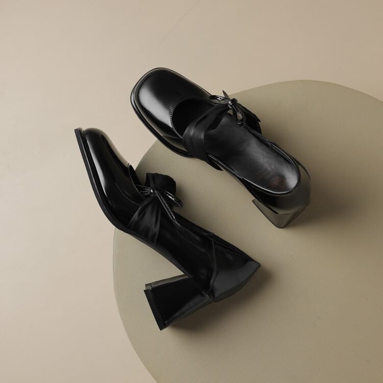 Bow Patent Leather Block Heel Pumps SpreePicky