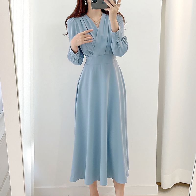 Long-Sleeve V-Neck Plain Midi A-Line Dress SpreePicky