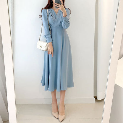 Long-Sleeve V-Neck Plain Midi A-Line Dress SpreePicky