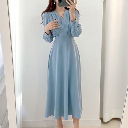 Long-Sleeve V-Neck Plain Midi A-Line Dress SpreePicky