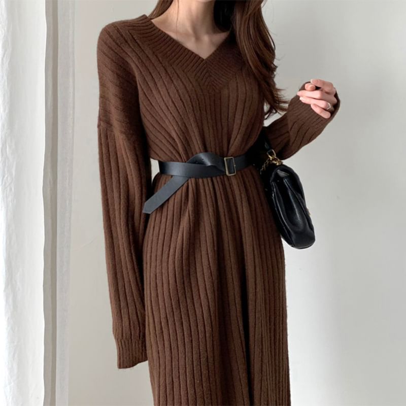 Long-Sleeve V-Neck Plain Ribbed Midi Sweater Dress SpreePicky