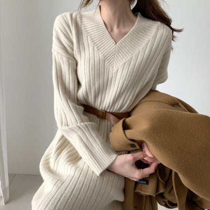 Long-Sleeve V-Neck Plain Ribbed Midi Sweater Dress SpreePicky