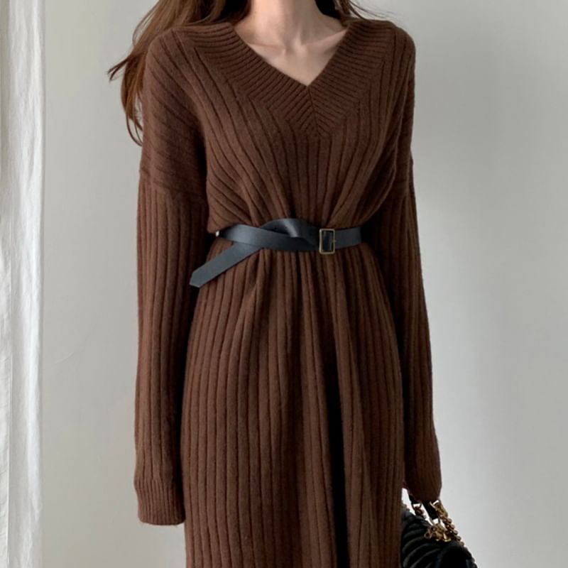 Long-Sleeve V-Neck Plain Ribbed Midi Sweater Dress SpreePicky