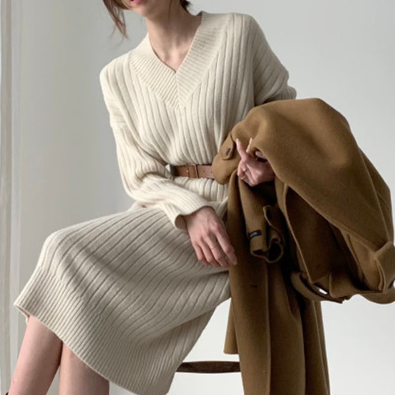 Long-Sleeve V-Neck Plain Ribbed Midi Sweater Dress SpreePicky