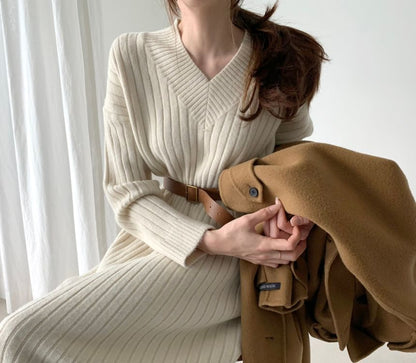 Long-Sleeve V-Neck Plain Ribbed Midi Sweater Dress SpreePicky