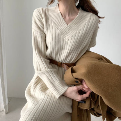 Long-Sleeve V-Neck Plain Ribbed Midi Sweater Dress SpreePicky