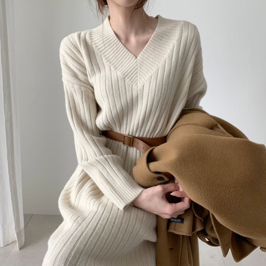 Long-Sleeve V-Neck Plain Ribbed Midi Sweater Dress SpreePicky