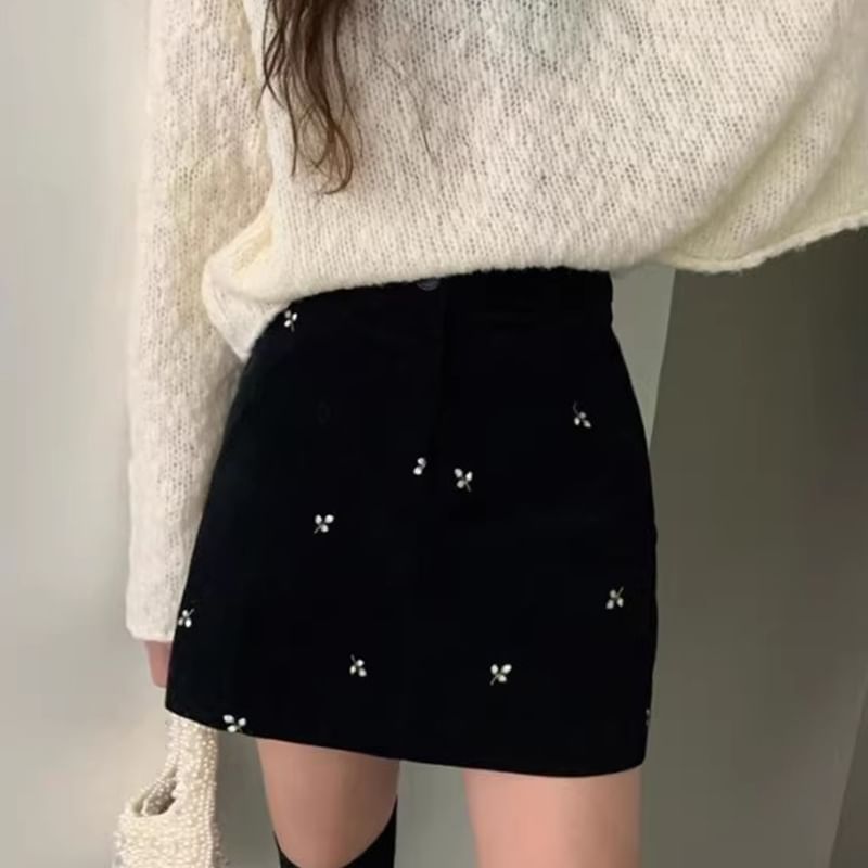 High Waist Flower Embroidered Mini Straight Skirt SpreePicky