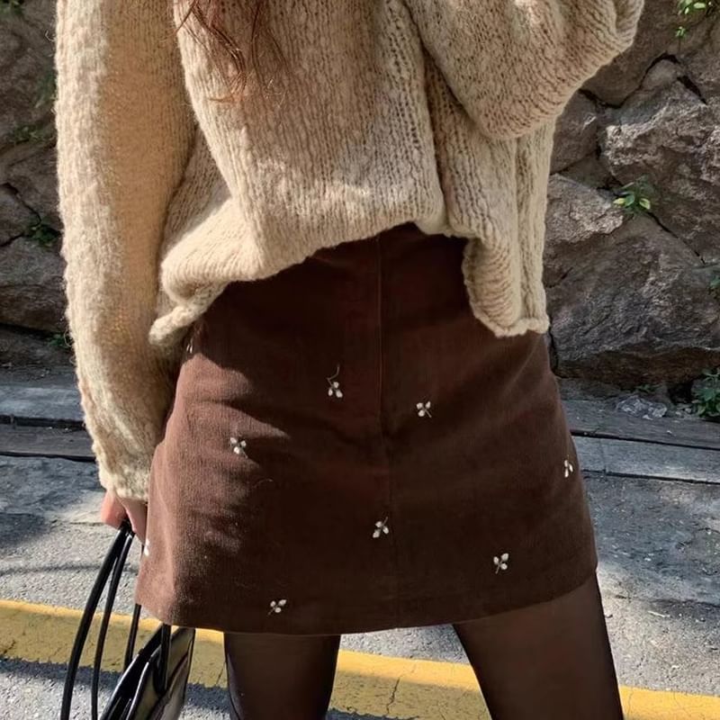 High Waist Flower Embroidered Mini Straight Skirt SpreePicky