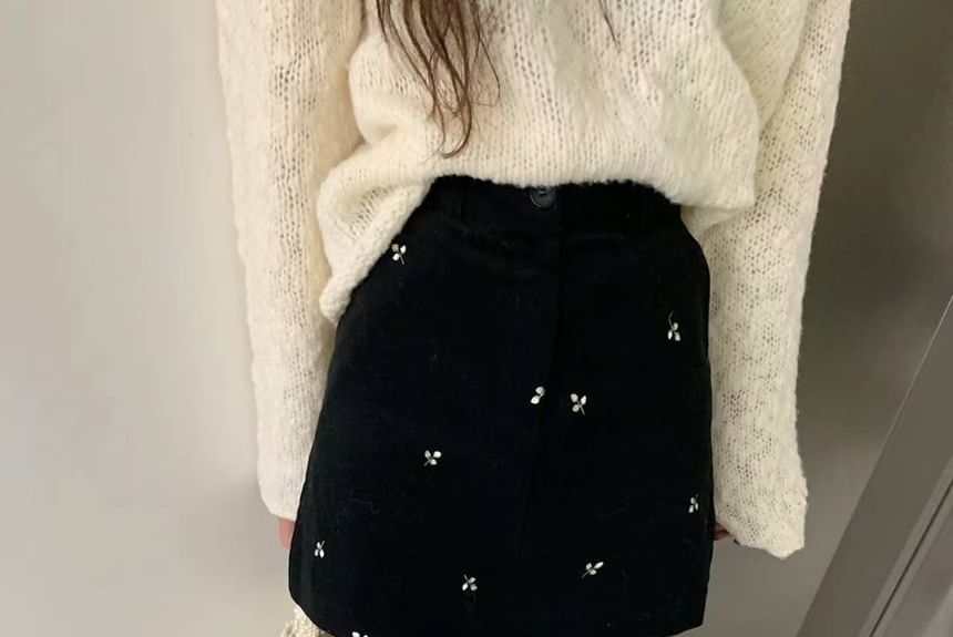 High Waist Flower Embroidered Mini Straight Skirt SpreePicky