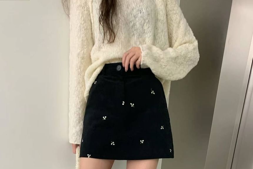 High Waist Flower Embroidered Mini Straight Skirt SpreePicky