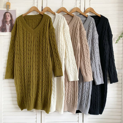 V-Neck Plain Cable Knit Sweater Dress mySite