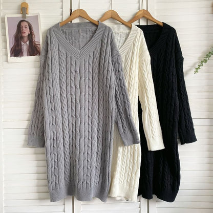 V-Neck Plain Cable Knit Sweater Dress mySite