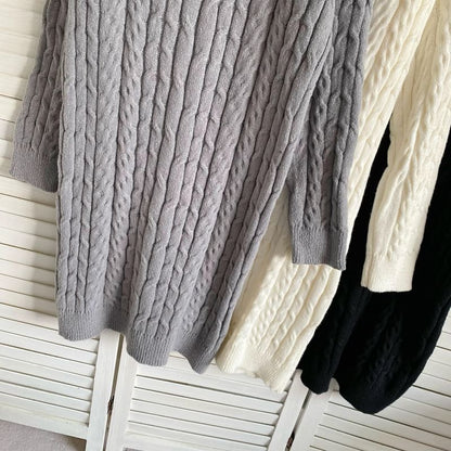 V-Neck Plain Cable Knit Sweater Dress mySite