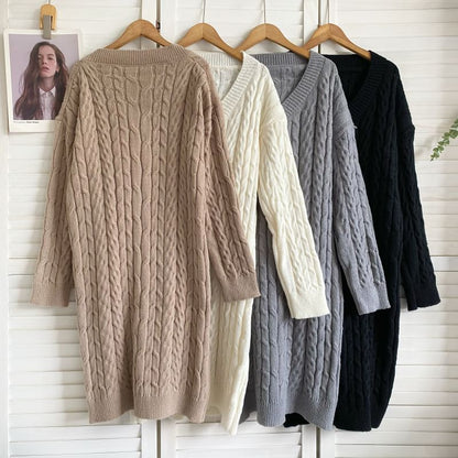 V-Neck Plain Cable Knit Sweater Dress mySite