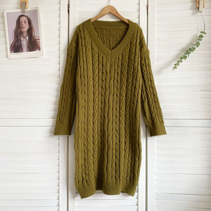 V-Neck Plain Cable Knit Sweater Dress mySite