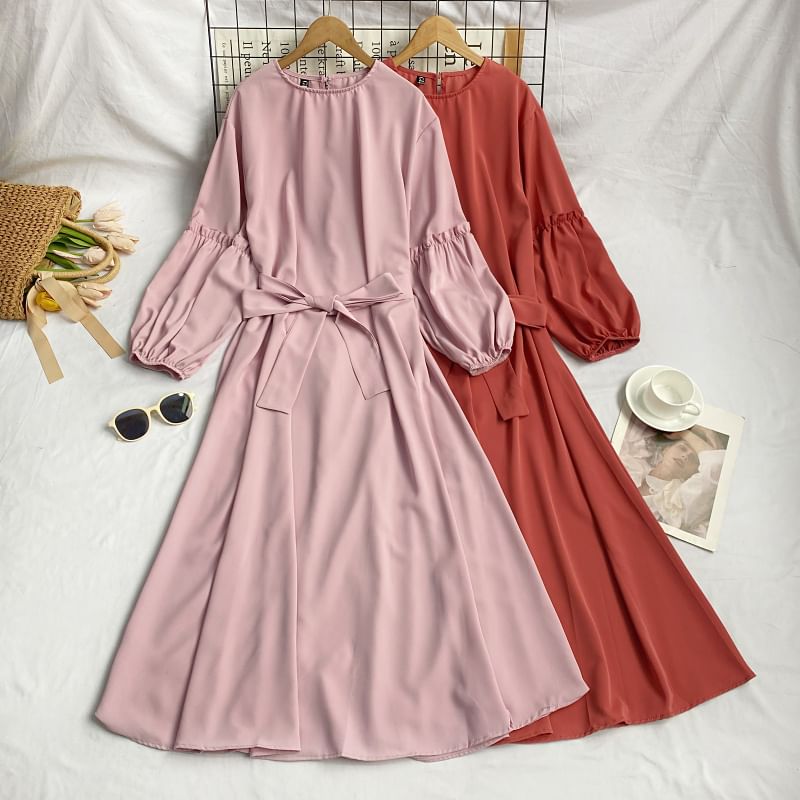 Long-Sleeve Crew Neck Plain Sashed Midi A-Line Dress mySite