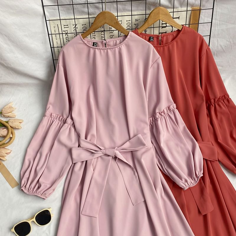 Long-Sleeve Crew Neck Plain Sashed Midi A-Line Dress mySite