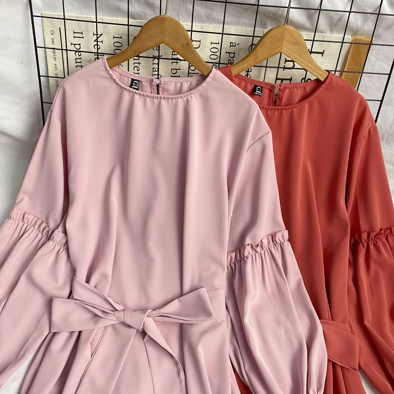 Long-Sleeve Crew Neck Plain Sashed Midi A-Line Dress mySite