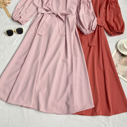 Long-Sleeve Crew Neck Plain Sashed Midi A-Line Dress mySite