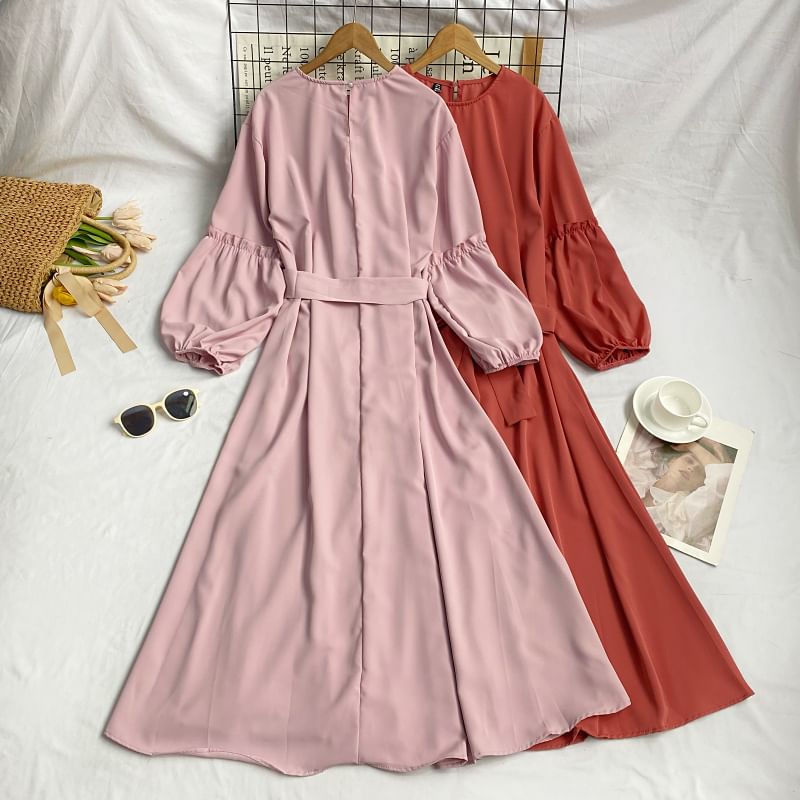 Long-Sleeve Crew Neck Plain Sashed Midi A-Line Dress mySite