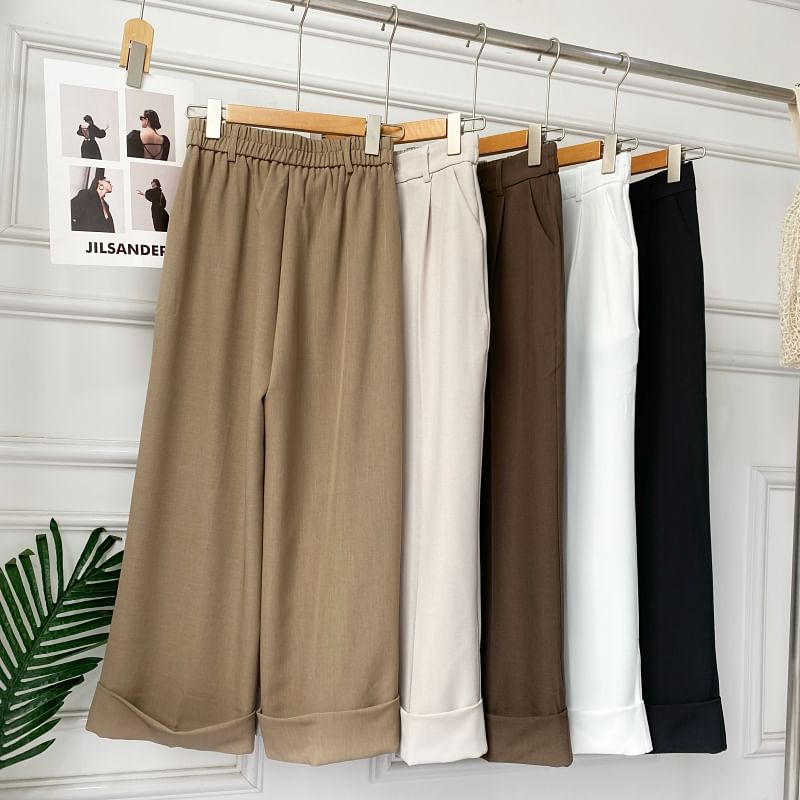 Elastic Waist Plain Roll Up Hem Dress Pants mySite