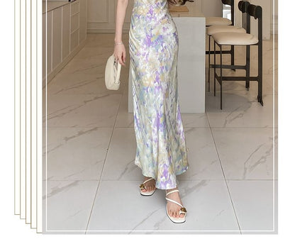 Spaghetti Strap V-Neck Floral Print Maxi Mermaid Dress SpreePicky