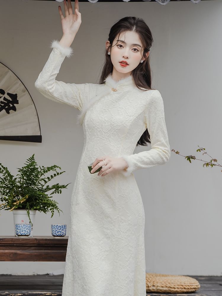 Long-Sleeve Floral Fluffy Trim Midi Mermaid Qipao SpreePicky