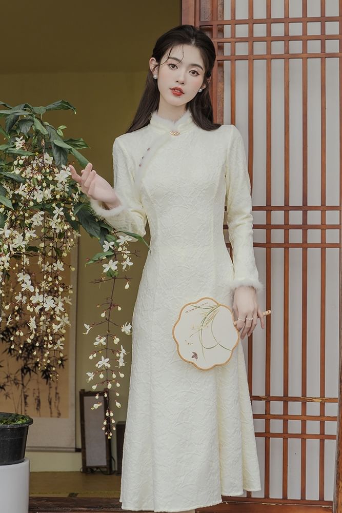 Long-Sleeve Floral Fluffy Trim Midi Mermaid Qipao SpreePicky