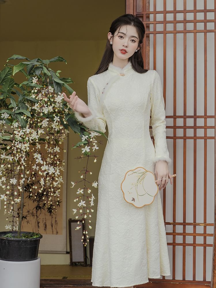 Long-Sleeve Floral Fluffy Trim Midi Mermaid Qipao SpreePicky