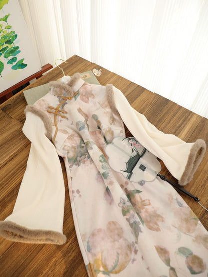 Long-Sleeve Floral Fluffy Trim Midi Qipao SpreePicky