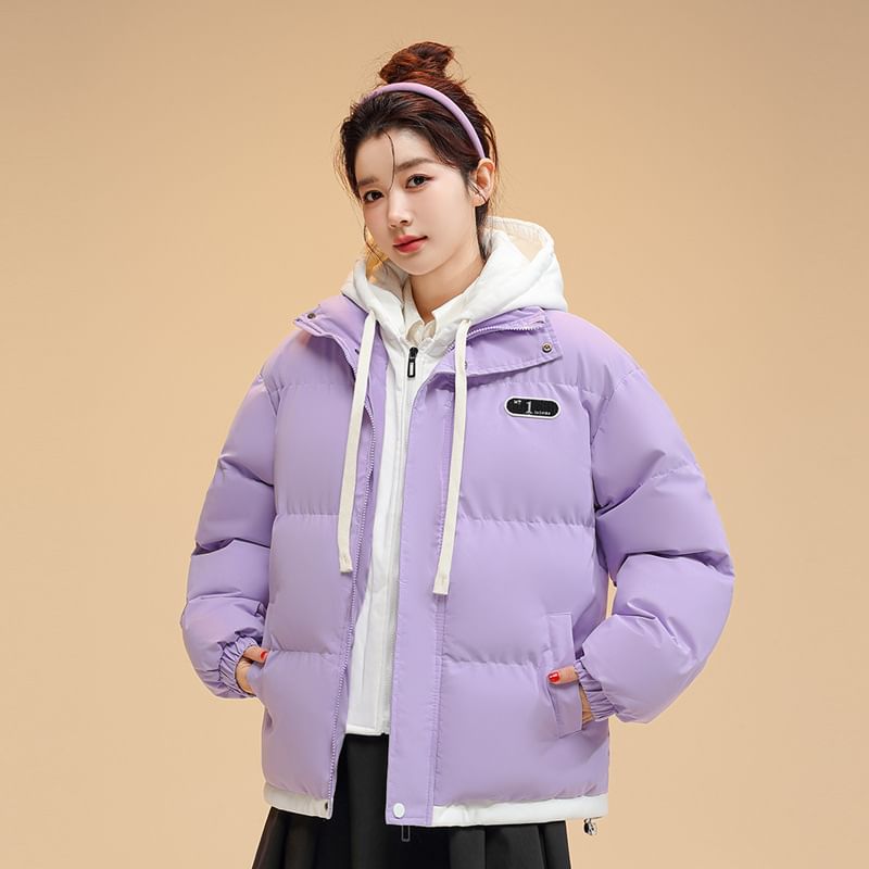 Mock Two-Piece Two-Tone Padded Hooded Drawstring Zip Jacket SpreePicky