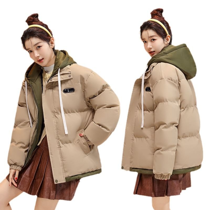 Mock Two-Piece Two-Tone Padded Hooded Drawstring Zip Jacket SpreePicky