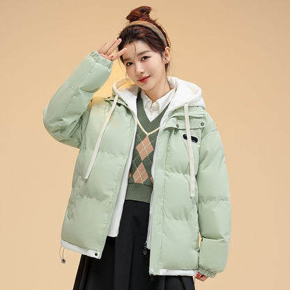 Mock Two-Piece Two-Tone Padded Hooded Drawstring Zip Jacket SpreePicky