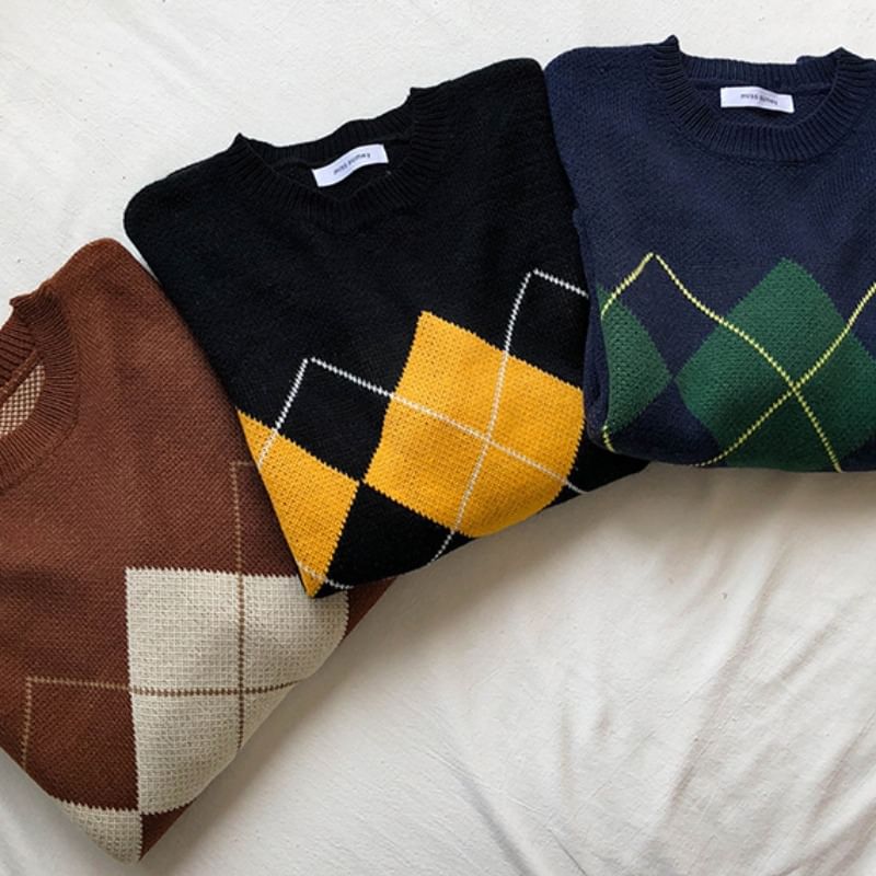 Crewneck Printed Plaid Color-Block Oversize Sweater SpreePicky