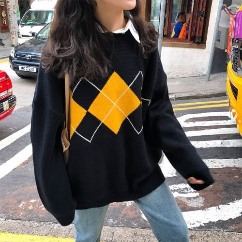 Crewneck Printed Plaid Color-Block Oversize Sweater SpreePicky