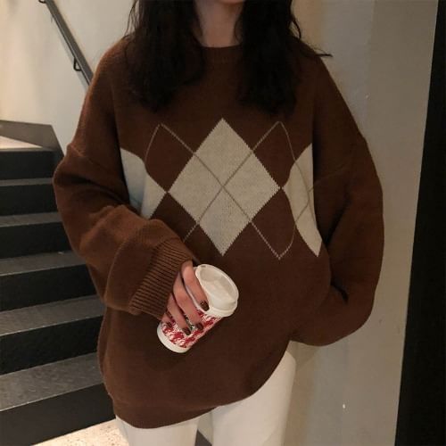 Crewneck Printed Plaid Color-Block Oversize Sweater SpreePicky