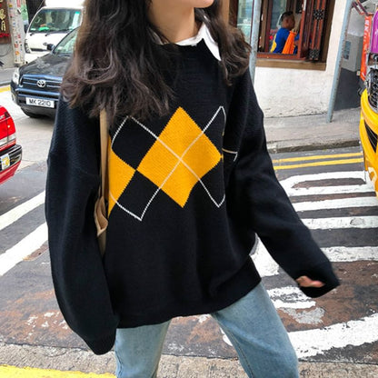 Crewneck Printed Plaid Color-Block Oversize Sweater SpreePicky