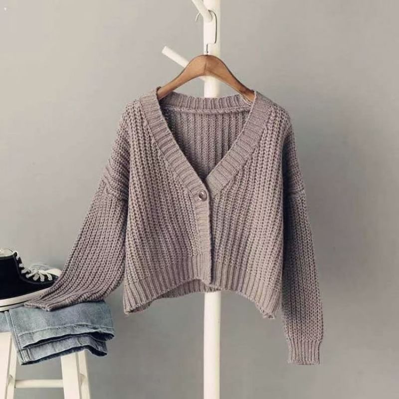 V-Neck Plain Cropped Cardigan SpreePicky