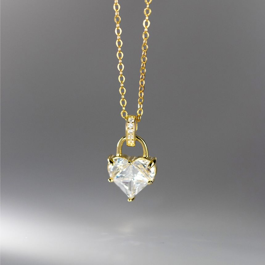 Heart Lock Rhinestone Pendant Sterling Silver Necklace SpreePicky