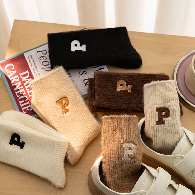 Letter Embroidered Ribbed Socks SpreePicky