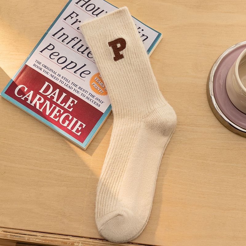 Letter Embroidered Ribbed Socks SpreePicky